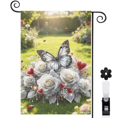 Drapeau de jardin décoratif 30 x 45 cm motif papillon et fleurs style élégant toile double face durable (1/5)