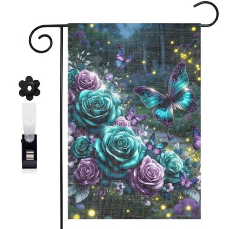 Drapeau vertical fond doré et roses bicolores 30 x 45 cm décoration saisonnière cour (1/5)