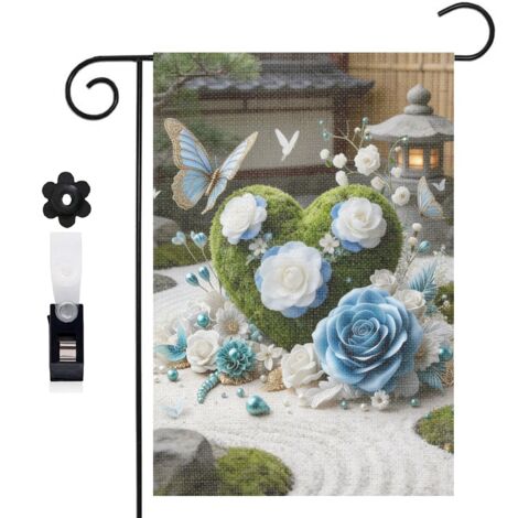 Drapeau vertical cœur et papillons bleus pour le jardin 30 x 45 cm décoration saisonnière extérieure (1/5)