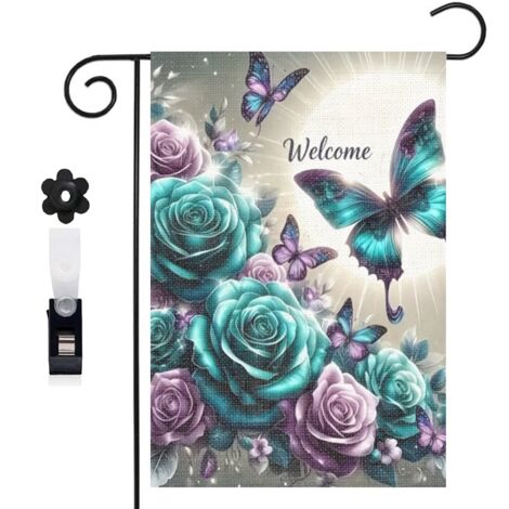 Bannière de cour roses bicolores et papillons colorés 30 x 45 cm décoration extérieure et intérieure