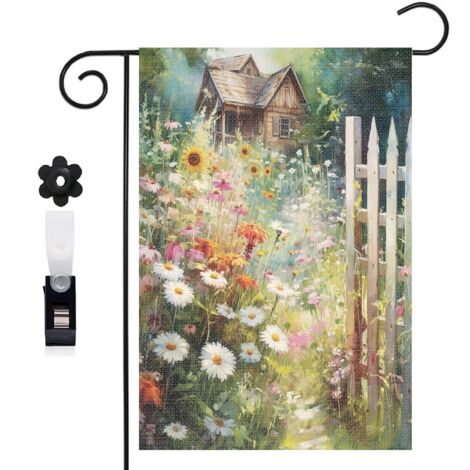 Drapeau de jardin chemin de fleurs et maison de campagne 30 x 45 cm décoration extérieure jardin (1/5)