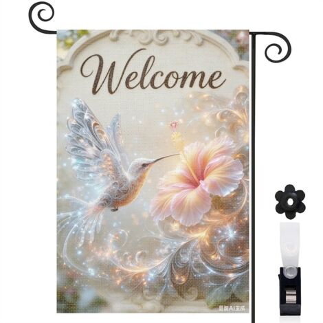 Drapeau de jardin décoratif bienvenue 30 x 45 cm toile double face motif colibri et fleurs printemps été pour extérieur maison terrasse (1/5)