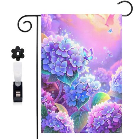 Drapeau de jardin 30 x 45 cm motif hortensias et papillon décoratif toile double face extérieure (1/5)