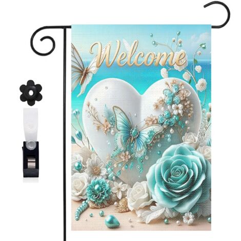 Drapeau de jardin ambiance romantique et roses turquoise 30 x 45 cm décoration cour et balcon (1/5)