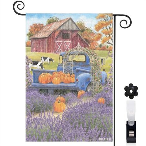 Drapeau de jardin automne 30 x 45 cm motif ferme rustique et citrouilles toile double face résistante (1/5)