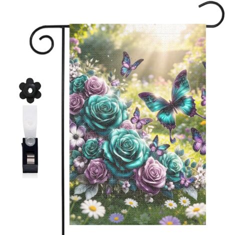 Drapeau de jardin Welcome et papillons à reflets bleus 30 x 45 cm décoration extérieure jardin (1/5)