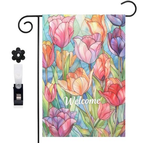 Bannière de cour ambiance féerique et tulipes colorées 30 x 45 cm décoration maison de campagne (1/5)