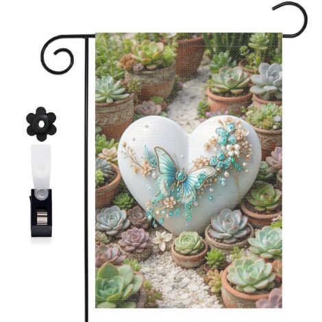 Drapeau de jardin oiseaux et cœur avec roses turquoise 30 x 45 cm décoration porche et entrée (1/5)