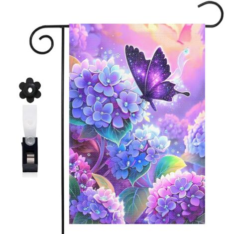 Drapeau de jardin 30 x 45 cm motif papillon et hortensias colorés toile double face résistante (1/5)
