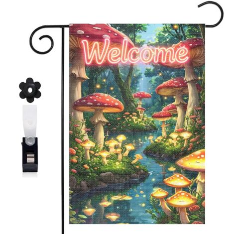 Drapeau de jardin 30 x 45 cm motif champignons forestiers et décor naturel toile double face extérieure (1/5)