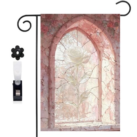 Drapeau vertical rose grimpante et vitrail gothique 30 x 45 cm décoration jardin d'été (1/5)