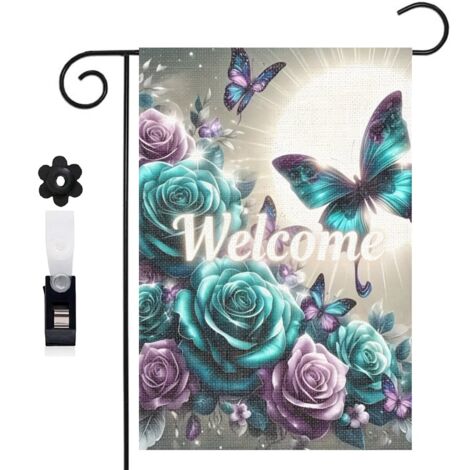 Drapeau de jardin ambiance mystérieuse et papillons bleus 30 x 45 cm décoration porche et entrée (1/5)