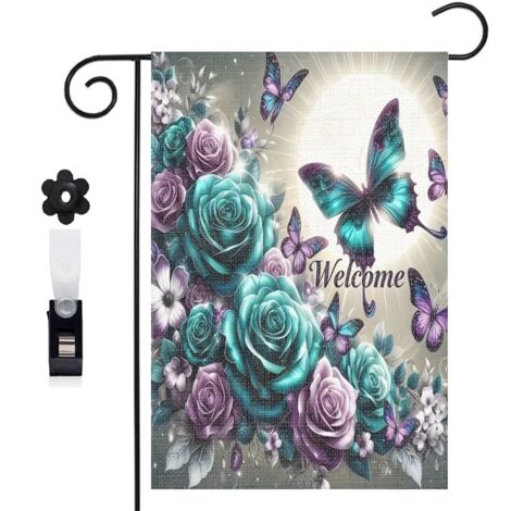 Drapeau vertical Welcome et effet scintillant sur les fleurs 30 x 45 cm décoration jardin d'été (1/5)