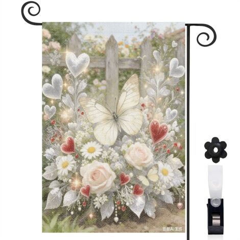 Drapeau de jardin floral bienvenue 30 x 45 cm motif papillon et roses blanches toile double face (1/5)