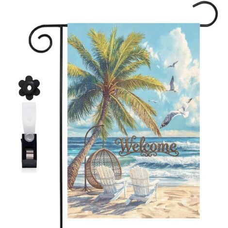 Drapeau vertical composition de palmier et plage pour la saison estivale 30 x 45 cm décoration saisonnière extérieure (1/5)