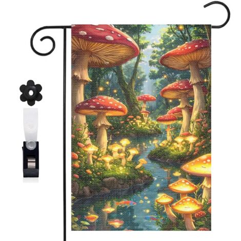 Drapeau de jardin décoratif 30 x 45 cm motif champignons et paysage forestier toile double face (1/5)