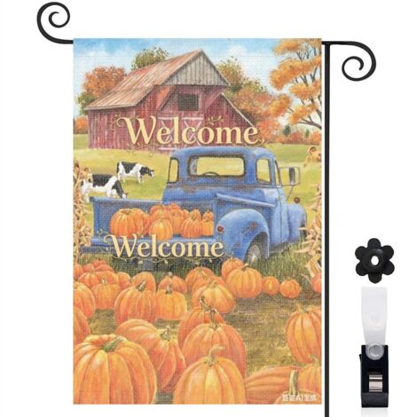 Drapeau de jardin décoratif 30 x 45 cm motif maison de campagne et citrouilles toile double face pour jardin extérieur (1/5)
