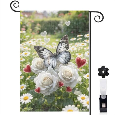 Drapeau de jardin décoratif 30 x 45 cm motif papillon et fleurs douces toile double face pour maison (1/5)
