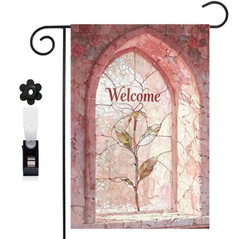 Drapeau vertical arche en brique et fleurs printanières 30 x 45 cm décoration saisonnière extérieure (1/5)