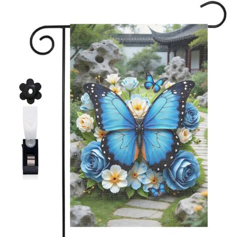 Drapeau vertical papillon bleu et fleurs délicates 30 x 45 cm décoration saisonnière extérieure (1/5)