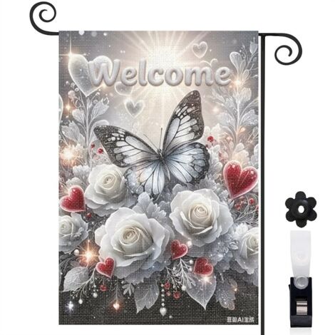 Drapeau de jardin printemps été 30 x 45 cm motif papillon et fleurs naturelles toile double face résistante (1/5)