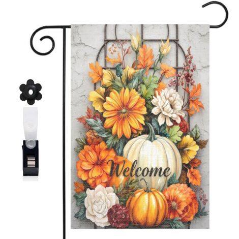 Drapeau vertical ambiance automnale et citrouilles blanches 30 x 45 cm décoration saisonnière cour (1/5)