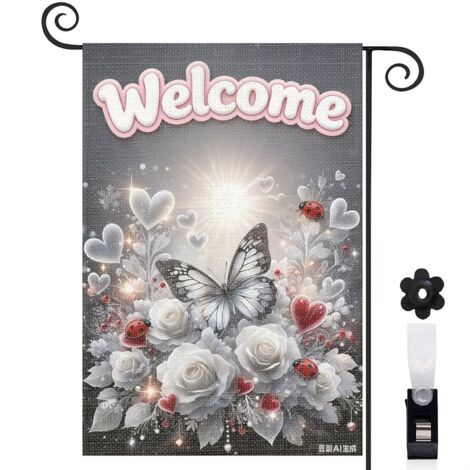 Drapeau de jardin décoratif 30 x 45 cm motif papillon et roses blanches toile double face résistante et lavable (1/5)
