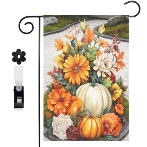 Drapeau de jardin citrouilles et fleurs d'automne 30 x 45 cm décoration extérieure jardin (1/5)
