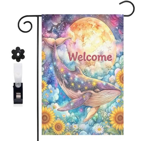 Drapeau de jardin décoratif 30 x 45 cm motif baleine magique et vagues toile double face résistante (1/5)