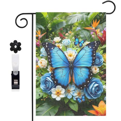 Drapeau de jardin Welcome et bouquet de roses bleues 30 x 45 cm décoration cour et balcon (1/5)