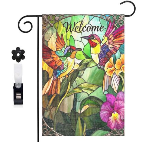 Drapeau vertical Welcome et colibris pour le jardin 30 x 45 cm décoration saisonnière extérieure (1/5)