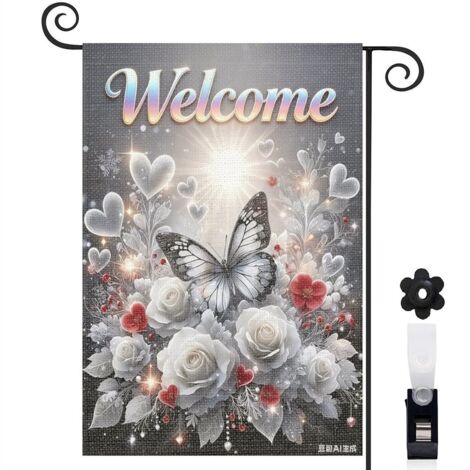Drapeau de jardin 30 x 45 cm motif papillon élégant et bouquet floral toile double face durable pour entrée maison (1/5)
