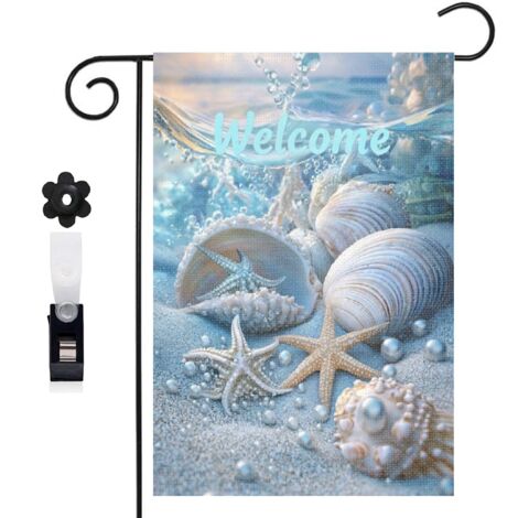 Drapeau de jardin 30 x 45 cm motif coquillages et étoiles de mer style océan toile double face extérieure (1/5)