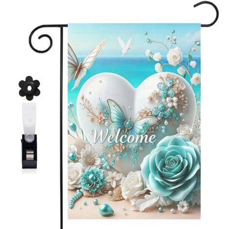 Bannière de cour Welcome blanc et cœur floral 30 x 45 cm décoration maison de campagne (1/5)