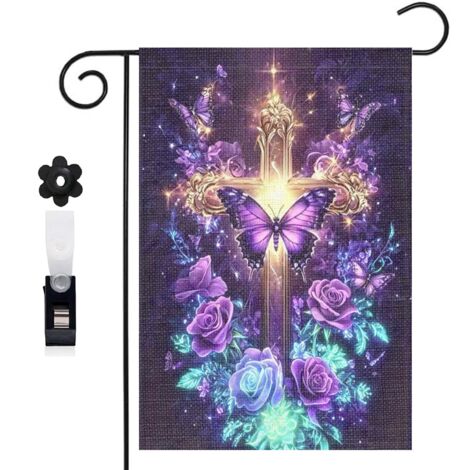 Drapeau de jardin style religieux et croix florale 30 x 45 cm décoration porche et entrée (1/5)