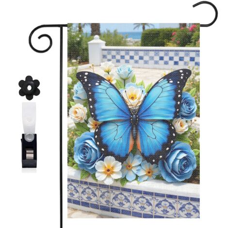 Drapeau vertical style frais et papillon bleu 30 x 45 cm décoration jardin d'été (1/5)