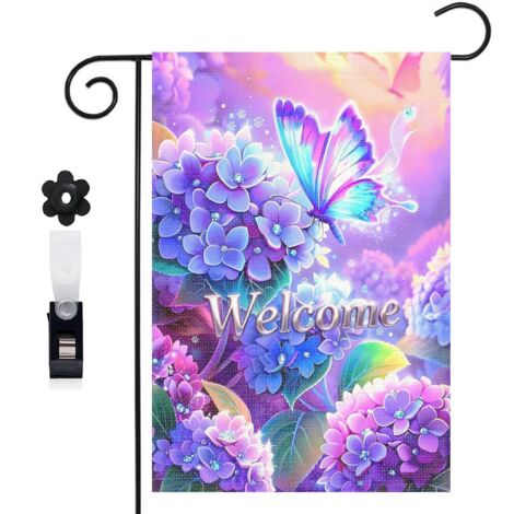 Drapeau de jardin décoratif 30 x 45 cm motif bouquet d’hortensias et papillon toile double face durable (1/5)