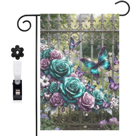 Drapeau de jardin roses turquoise et papillons scintillants 30 x 45 cm décoration porche et entrée (1/5)