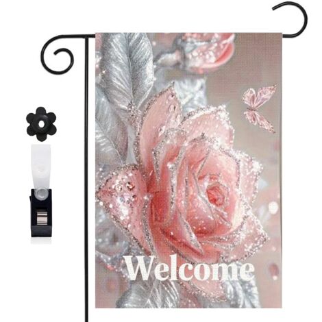 Drapeau de jardin ambiance douce et rose rose pailletée 30 x 45 cm décoration terrasse et extérieur (1/5)