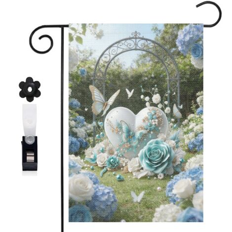 Drapeau de jardin cœur blanc et roses turquoise 30 x 45 cm décoration extérieure jardin (1/5)
