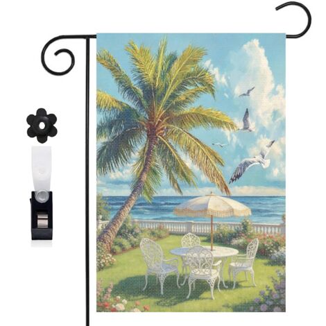 Drapeau de jardin Welcome et table de jardin sur la plage 30 x 45 cm décoration cour et balcon (1/5)