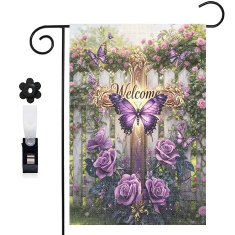 Drapeau de jardin croix et Welcome pour l'été 30 x 45 cm décoration cour et balcon (1/5)