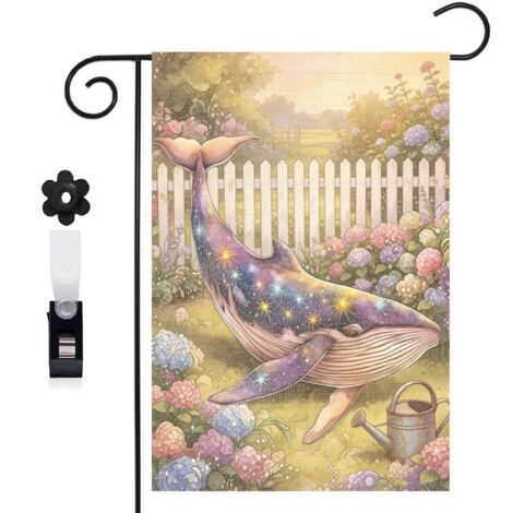 Drapeau de jardin bienvenue 30 x 45 cm motif baleine et vagues douces toile double face extérieure (1/5)