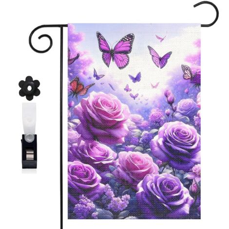 Drapeau de jardin roses violettes et papillons scintillants 30 x 45 cm décoration porche et entrée (1/5)