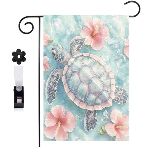 Drapeau de jardin décoratif 30 x 45 cm motif tortue et décor marin coloré toile double face (1/5)