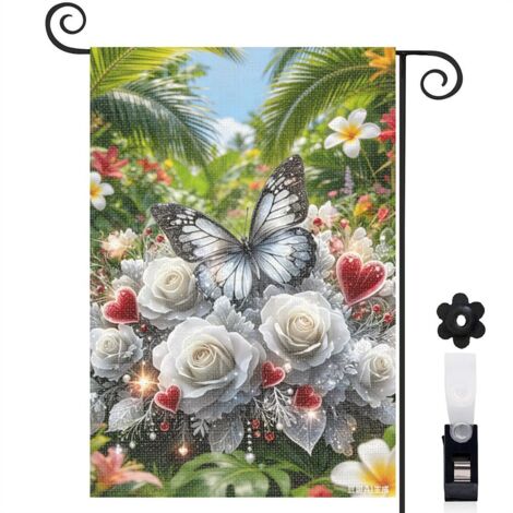 Drapeau de jardin floral 30 x 45 cm motif papillon et bouquet blanc toile double face pour terrasse (1/5)