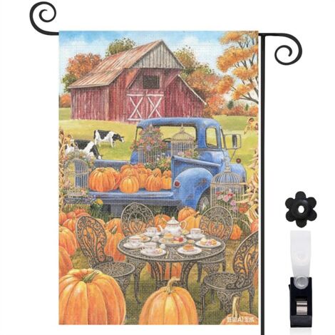 Drapeau de jardin décoratif 30 x 45 cm motif citrouilles et camion style vintage toile double face (1/5)