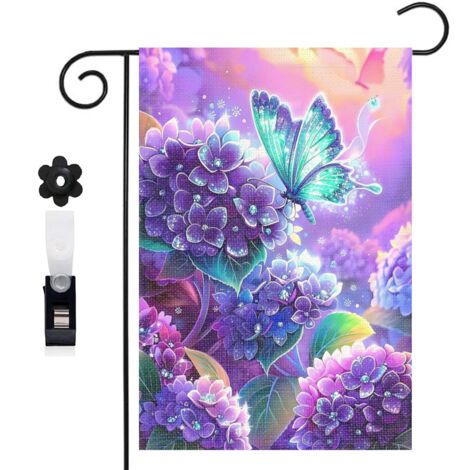 Drapeau de jardin décoratif 30 x 45 cm motif papillon et bouquet d’hortensias toile double face résistante (1/5)