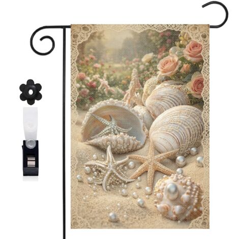 Drapeau de jardin décoratif 30 x 45 cm motif étoiles de mer et coquillages colorés toile double face durable (1/5)