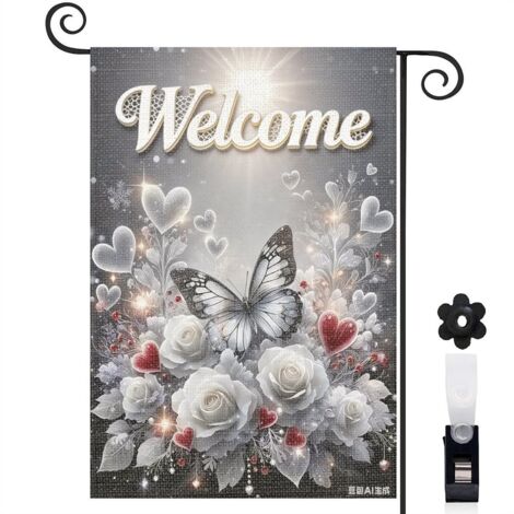 Drapeau de jardin décoratif 30 x 45 cm motif papillon réaliste et roses toile double face résistante pour extérieur (1/5)